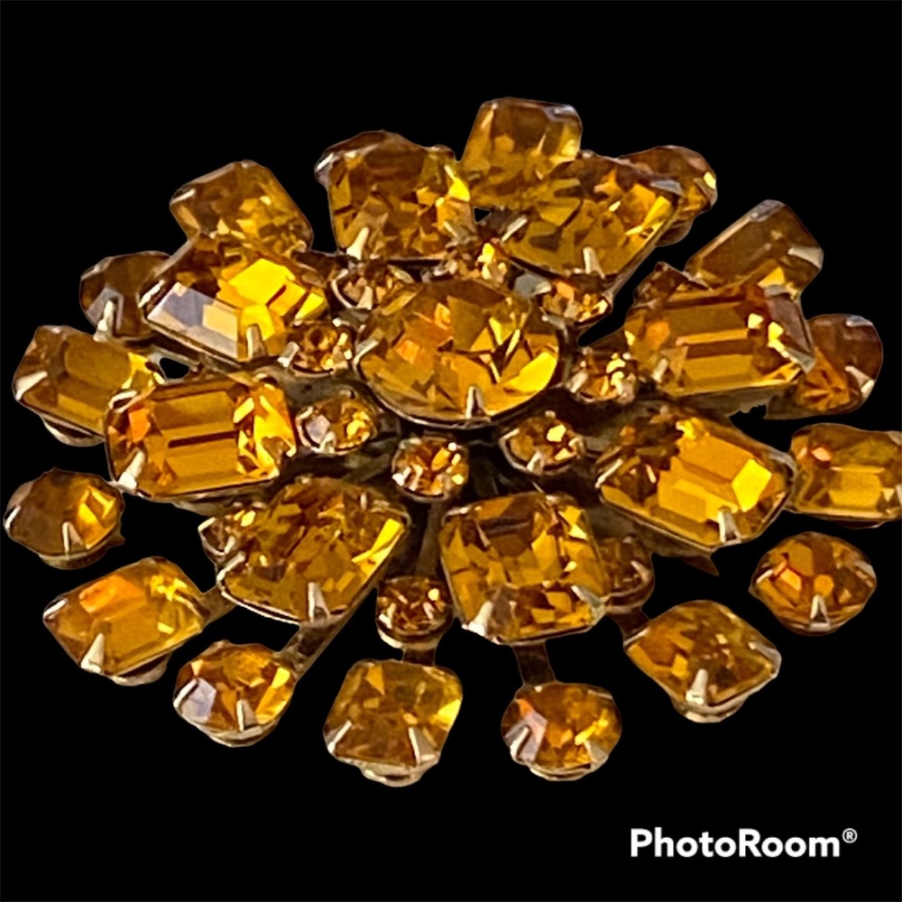 🌹WEISS Citrine or Topaz Colored Rhinestone Starburst Earrings & Brooch Set - Picture 9 of 12